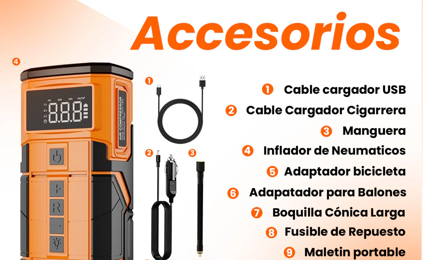 Iniciador Arrancador Batería y Compresor Aire Para Carro o Moto 4 en 1