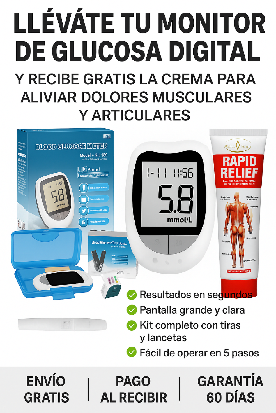 Glucometro Digital Medidor De Glucosa. (Incluye crema para aliviar dolores musculares)
