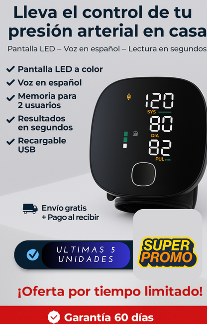 Monitor de presión arterial de muñeca con pantalla LED